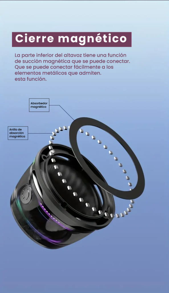 Mini Parlante Magnético LED, parlante Bluetooth portátil, parlante LED, mini parlante inalámbrico, parlante con luces, parlante compacto, audio envolvente.